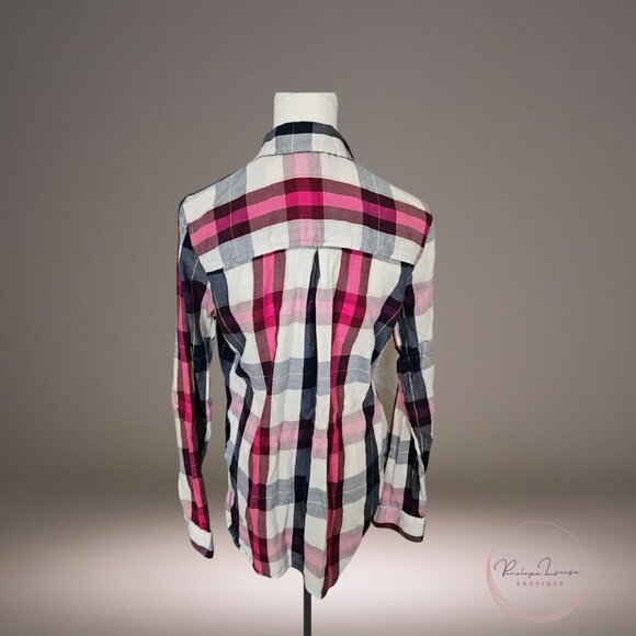 True Craft Plaid Button Front Shirt L – Pink Navy Check Oversized Casual - Picture 2 of 7